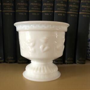 Vintage White Milk Glass Footed Urn with Heart-Shaped Ivy Leaf Design